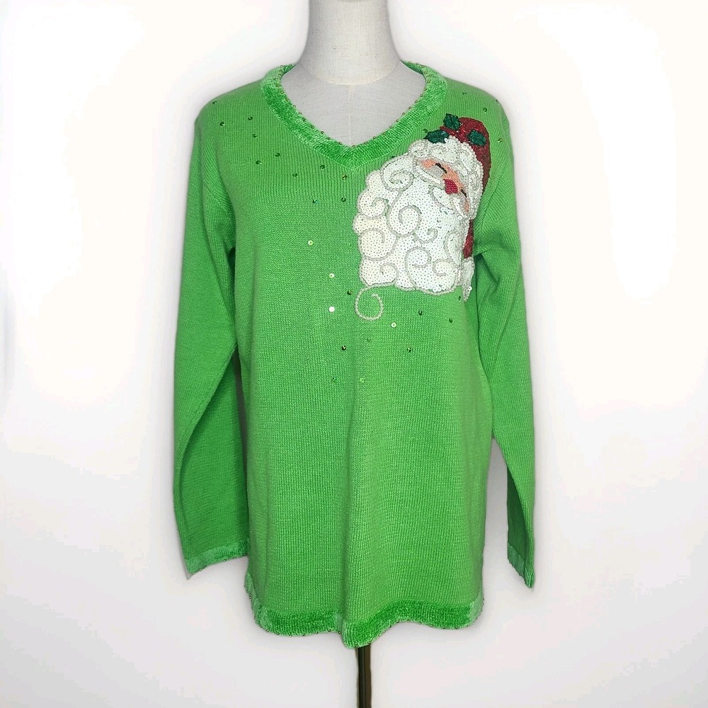 Vintage Quacker Factory Christmas Sweater Women's S Santa Beaded Sequin Green